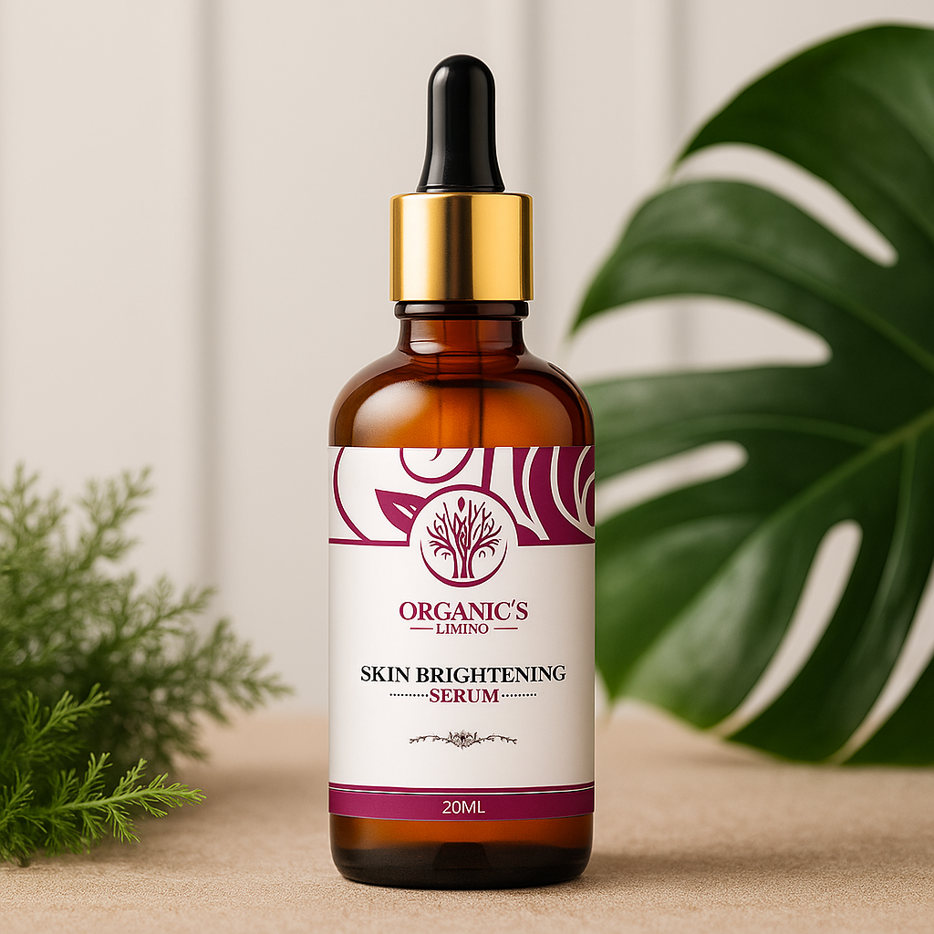 Glass bottle of skin brightening serum with vitamin C and niacinamide for dull skin, dark spots, and glowing complexion