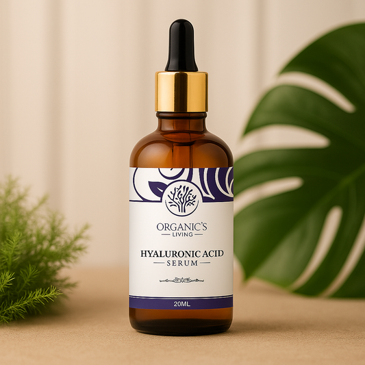 Glass bottle of Organic’s Living Hyaluronic Acid Anti-Aging Serum for deep hydration, wrinkle reduction, and youthful skin glow