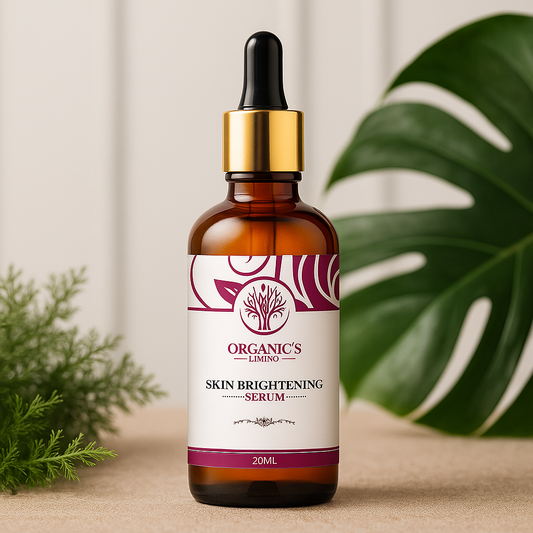 Glass bottle of skin brightening serum with vitamin C and niacinamide for dull skin, dark spots, and glowing complexion