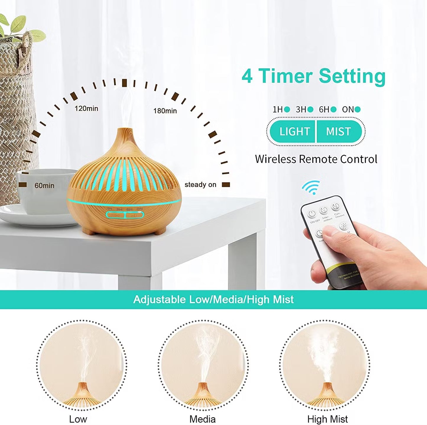 550ml Aroma Humidifier Diffuser for Large Room with Remote Control | Includes 5 Organic Essential Oils